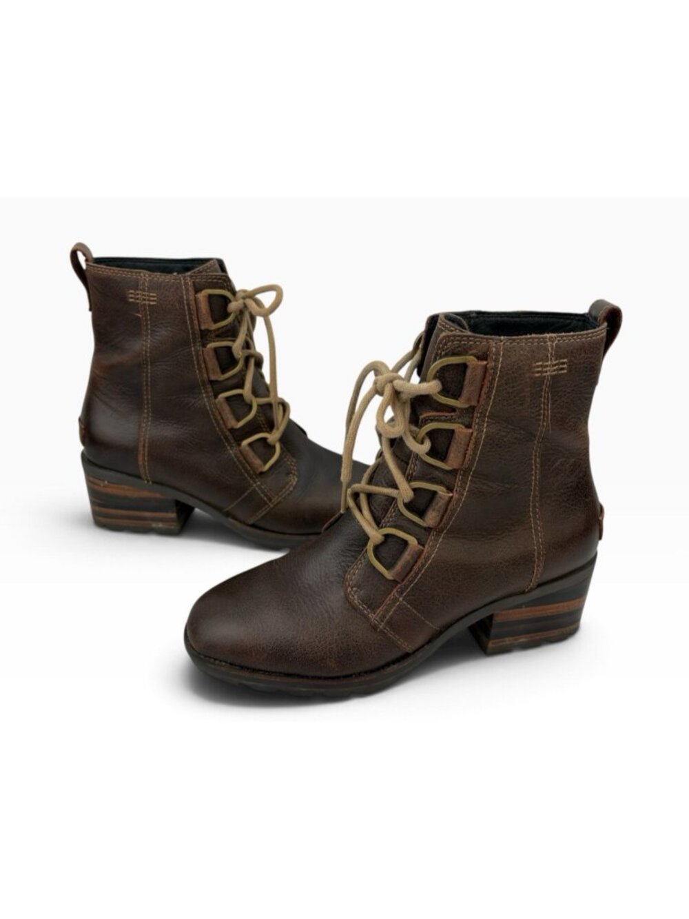 -Sorel Cate Lace Up Boots Womens Size 6 Brown Burro Leather Heeled Casual Bootie